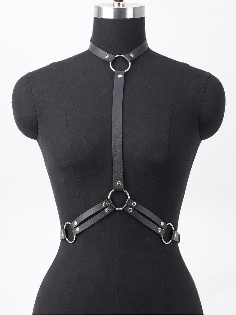 Fashionable Women'S Pu Leather Neck-To-Waist Belt Black Adjustable Chest Strap Punk Minimalist Style Ideal For Casual Outings An
