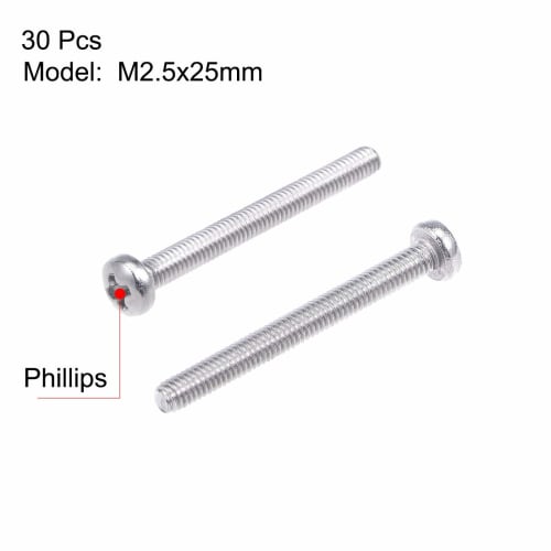 uxcell M2.5 Machine Screws, Bolts, M2.5x25mm, Silver Gray, Pan Head Machine Screws, 304 Stainless Steel, Pack of 30