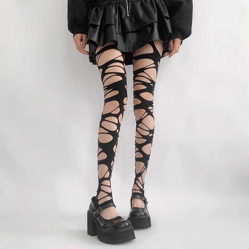 Fishnet Stockings Female Sexy Black Stockings Punk Wind Ripped Bandages Black Silk Knee Socks Irregular Stockings
