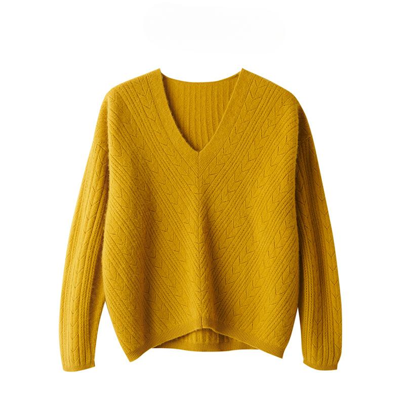 Big V-Neckline Hollow Design Cashmere Sweater Spring and Autumn Updated Comfortable Fit Versatile Pullover Sweater Top