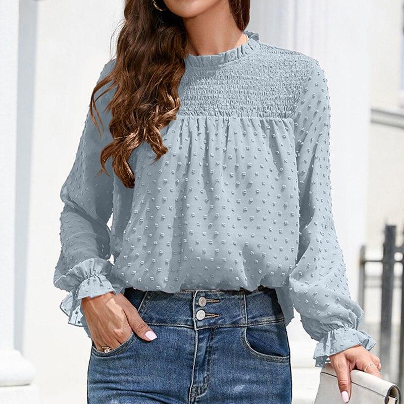 

2023 Весна Свободная шифоновая рубашка Повседневная блузка с длинным рукавом и рюшами Винтажные свободные топы Элегантная белая одежда Blusas de Mujer 28261