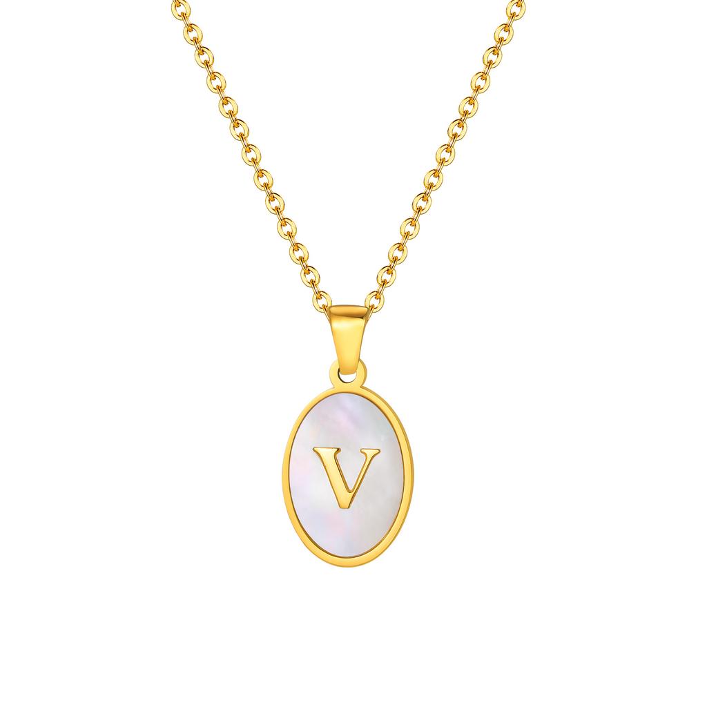 Vnox Women's Pretty Letters Necklace, Stainless Steel Oval White Shell Letter A-Z Pendant, Gold Color Jewelry Gifts