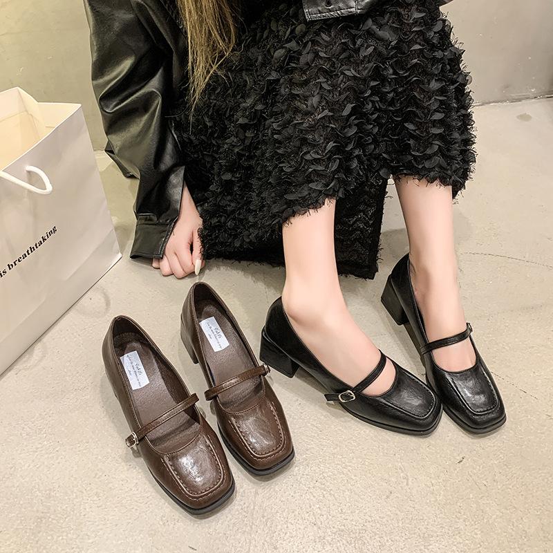 French Thick Heel High Heels Square Head Small Leather Shoes Women's 2025 New Summer and Autumn with Skirt Loafers Mary Jane Single Shoes