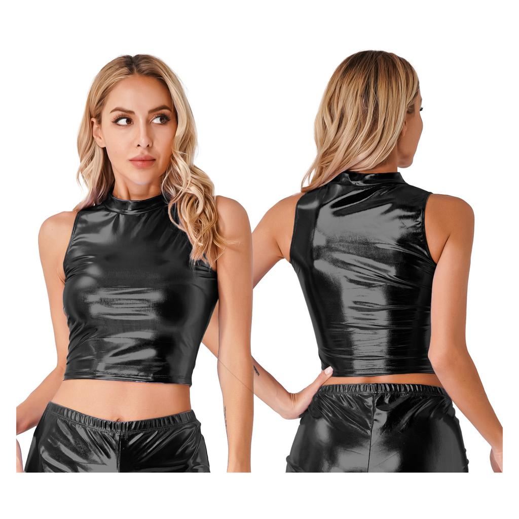 Women's Metallic Mock Neck Crop Top Faux Leather Vest Tops Glossy Rave Party Clubwear