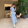 2024 Summer Women's Korean Blue Floral V-Neck Short-Sleeve Maxi Dress