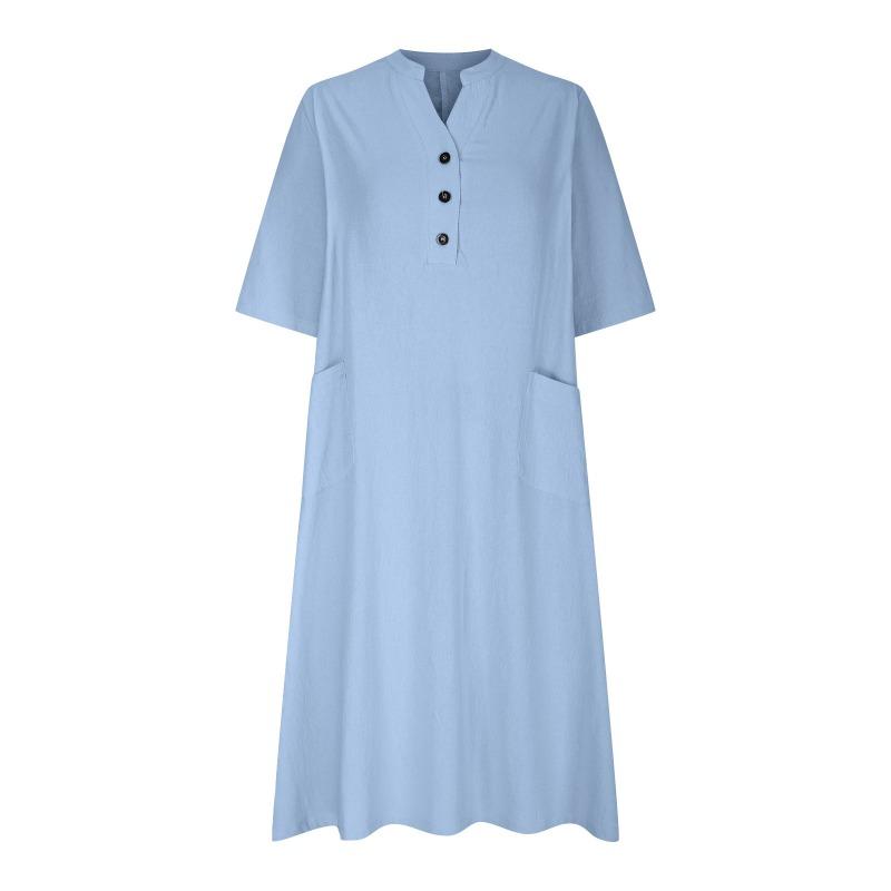 Women's Three-button Pocket Dress Women's Mid-length V-neck Half-sleeved