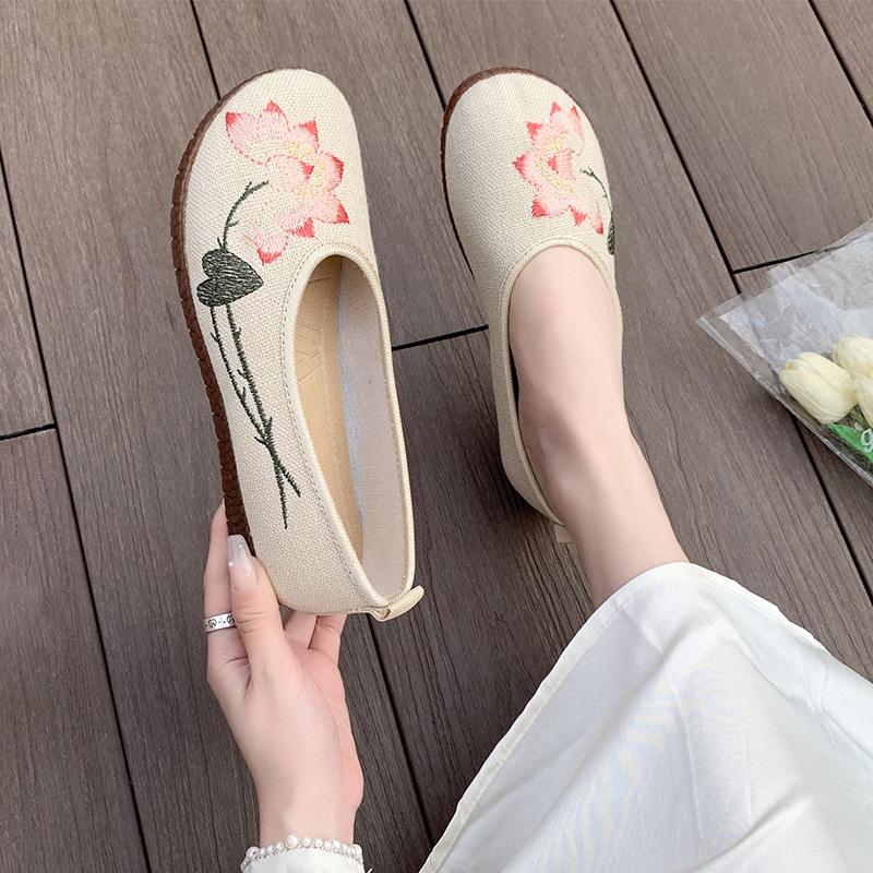Flower Embroidered Women Comfortable Canvas Ballet Flats Instep Buckles Ladies Casual Flat Shoes Old Beijing Shoes