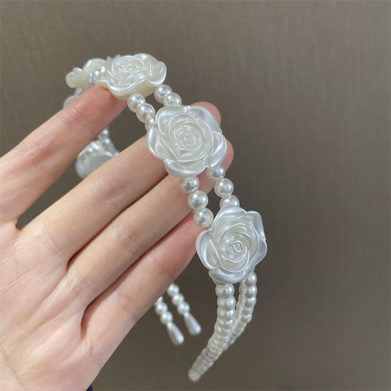 Retro Rose Pearl Double-Layer Floral Headband – Korean Style