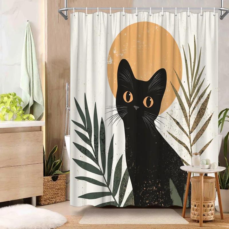 

~O~1pc Black Cat & Green Plants Shower Curtain - Orange Eyes, Leafy Accents, Sun Shape, 70.8x70.8 , Polyester, Modern Design W90XH180cm