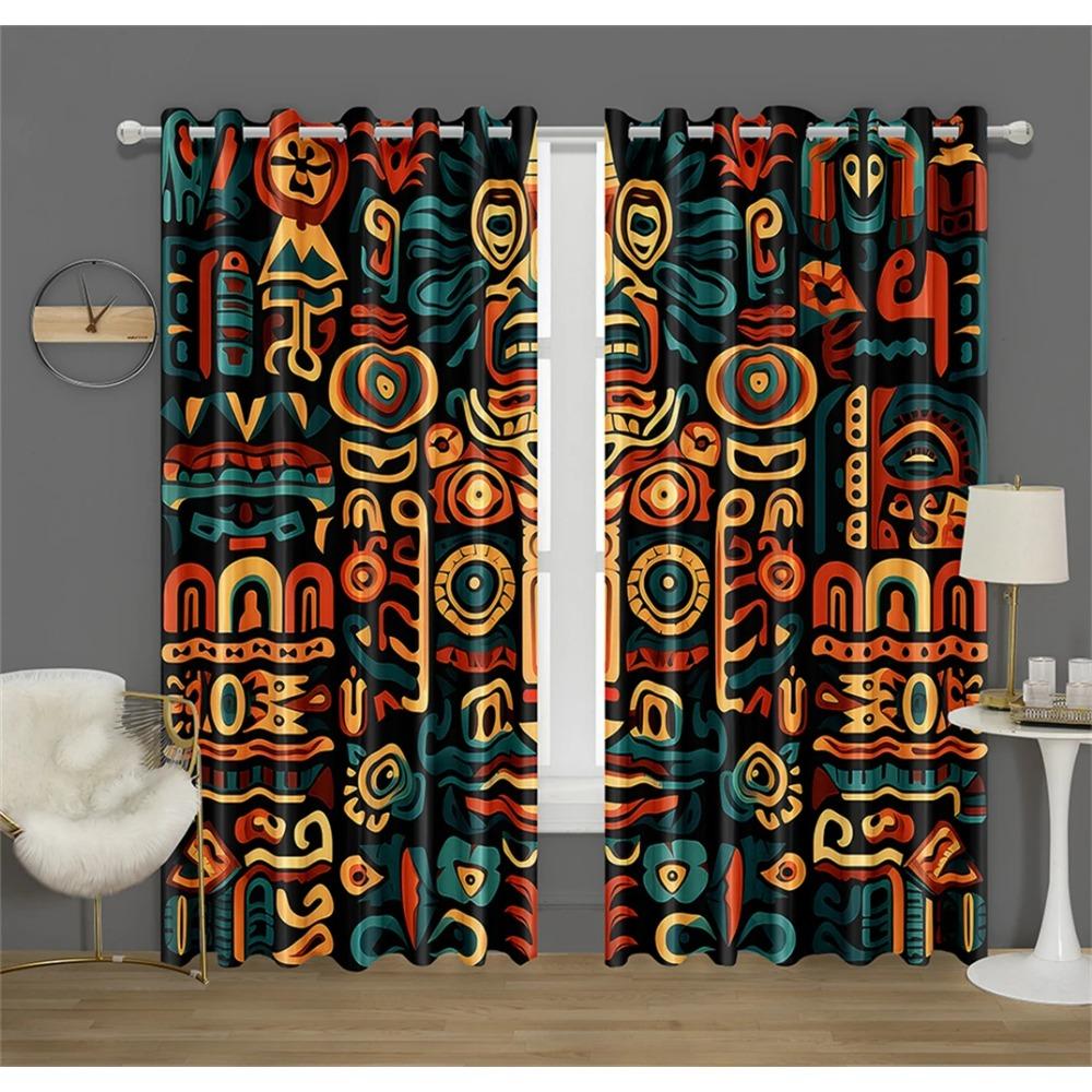 3D Aztec Pattern Decorative Curtains Masks Regional Style Print Curtains Bedroom Living Room Kitchen Decor 2 Pcs