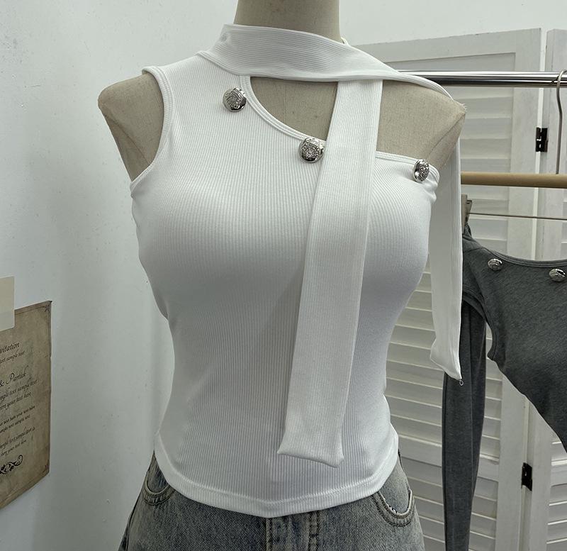 

Halter Neck Knit Camisole with Chest Pads and Off-Shoulder Streamers - Sexy and Elastic Top One Size білий