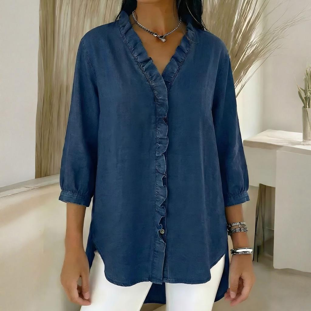 Dámská módní ležérní džínová košile s V-výstřihem a volánky