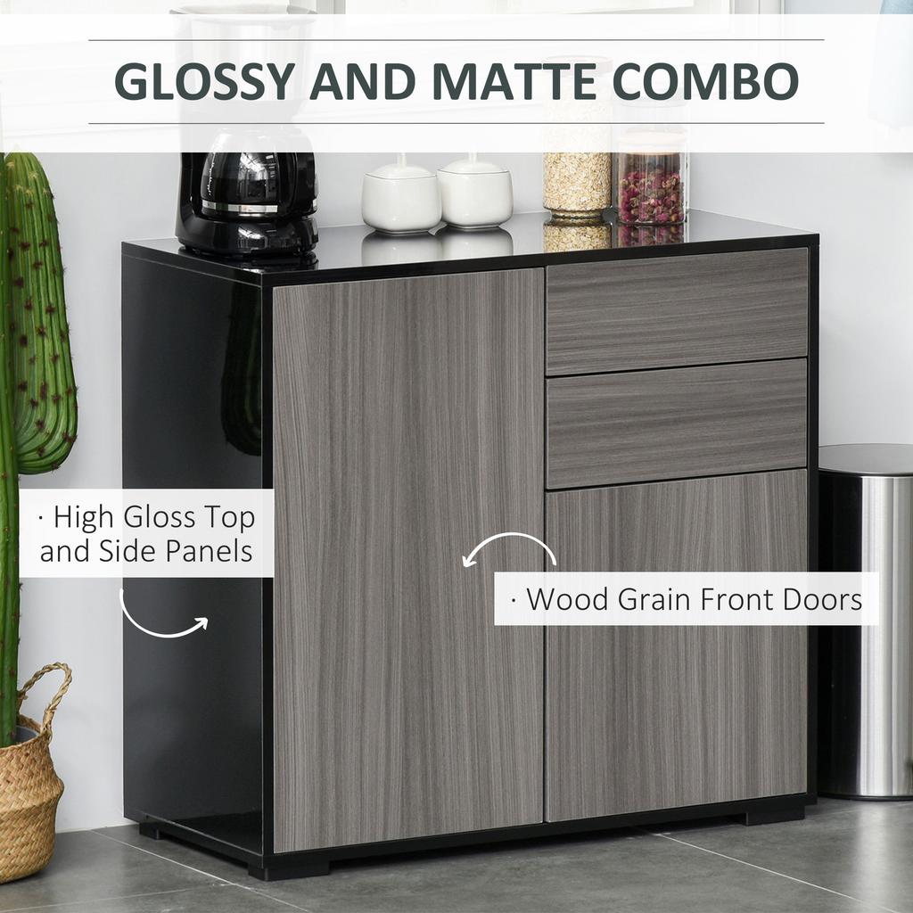 High Gloss Frame Sideboard, Push-Open Design with 2 Drawer for Living Room, Bedroom, 74H x 79W x 36Dcm, Light Grey and Black