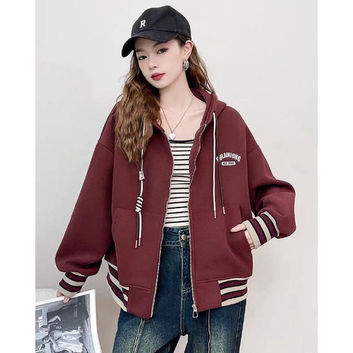 

Women s European Style Fleece-Lined Hooded Sweatshirt Jacket - Plus Size, Slimming, Short Baseball Cardigan for Autumn/Winter 2XL