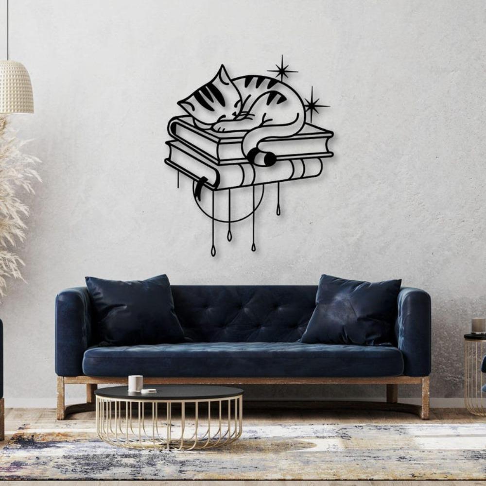 Sleeping Cat On Books Metal Wall Art Cat Lover Home Decor Cozy Reading Nook Sign Minimalist Feline Silhouette