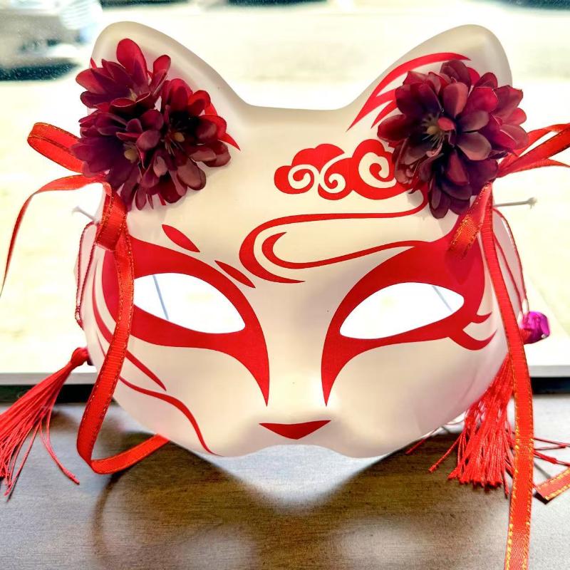 Anime Maschera Volpe Demone Dipinta a Mano Maschera Giapponese Mezza Faccia Maschera Fiori Mascherata Festival Ballo Kabuki Maschere Kitsune Oggetto Cosplay