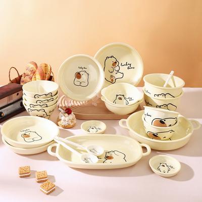 סט קערות אורז וצלחות קרמיקה לילדים Gree Bear, צבע תת-זיגוג חמוד, קערה בסגנון קרם טרי, כפית, צלחת, כלי אוכל