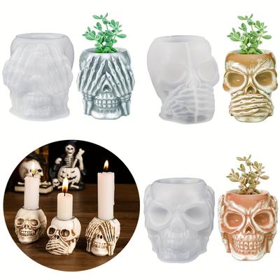 3PCS Skull Silicone Molds for Resin Crafts for Potted Candlestick Ornaments Container Pen Holder DIY Halloween Home Decoration