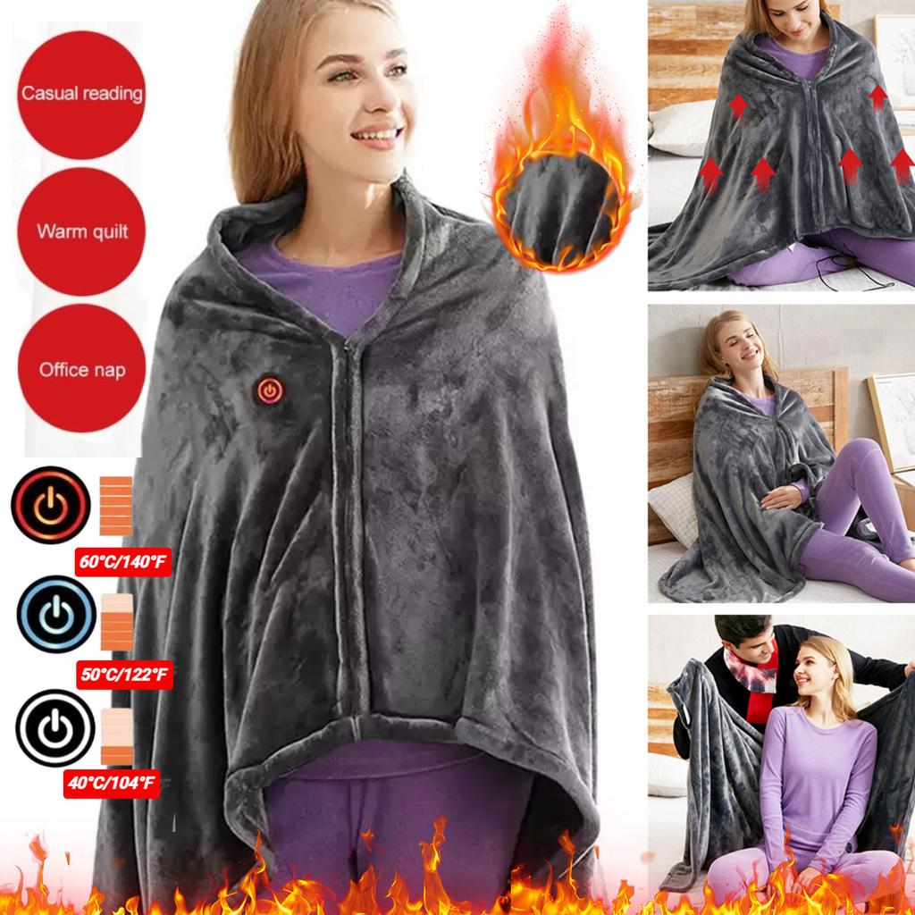 USB Charging Electric Heating Shawl, Coral Fleece Plush Winter Warm Blanket