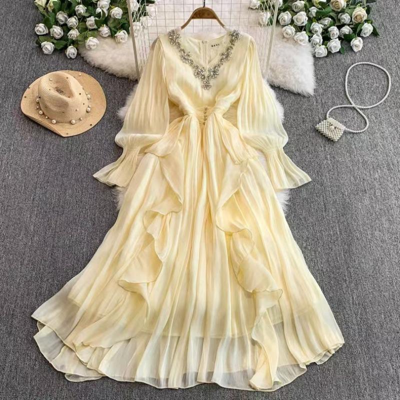 Women's Wear French High-end Elegant Dress Fashion Beaded Diamond V-neck Waist Temperament Court Style Long Dress