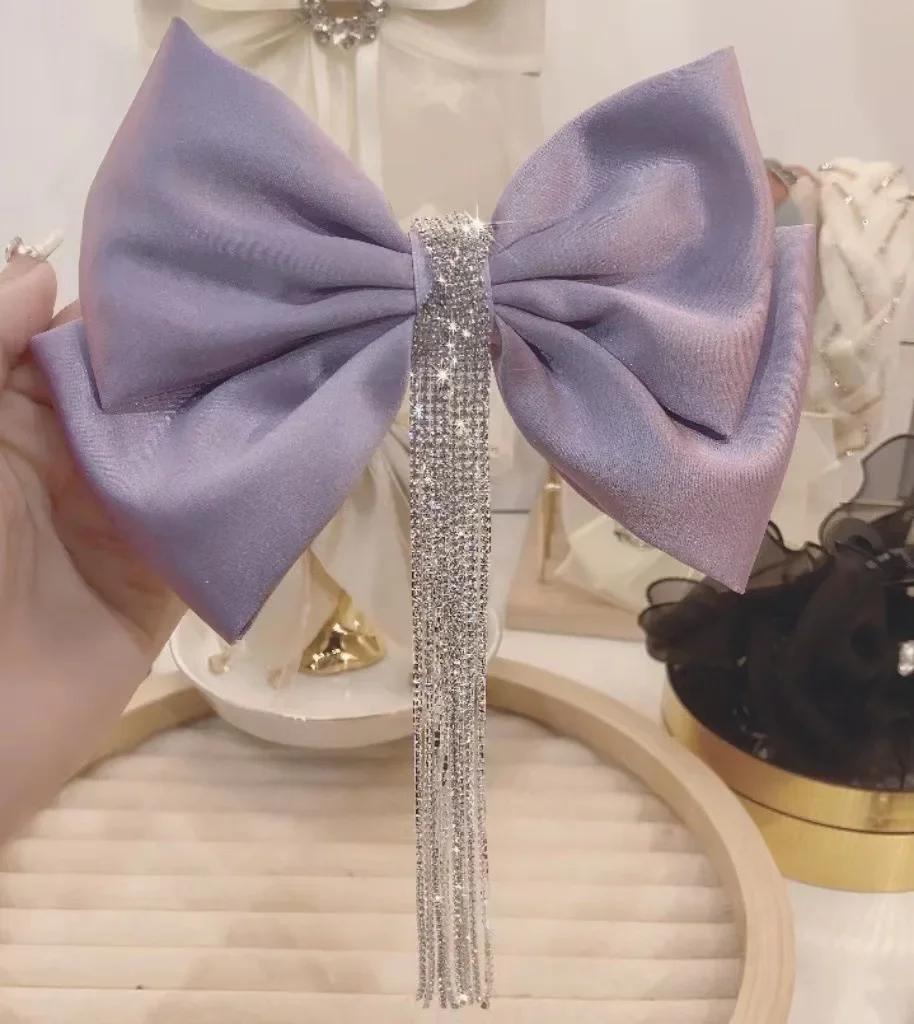 

Korean Fashion Hair Clips for Women Long Tassel Shiny Rhinestones Big Bow Hairpins Headwear Jewelry Wedding Hair Accessories фиолетовый