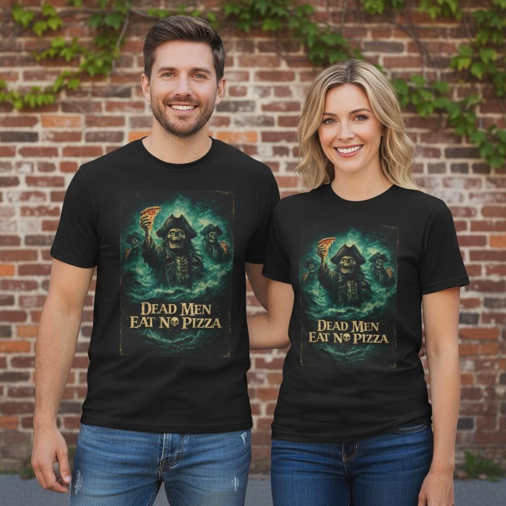 Dead Men Eat No Pizza T-Shirt | Pirate Skeleton Pizza Horror Parody Tee M
