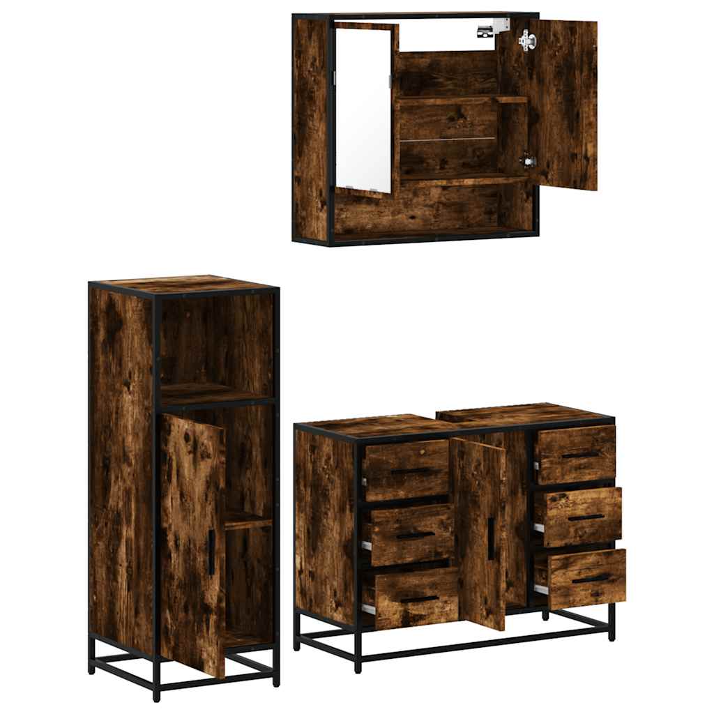 3 Piece Bathroom Furniture Set Smoked Oak Wood Based Material