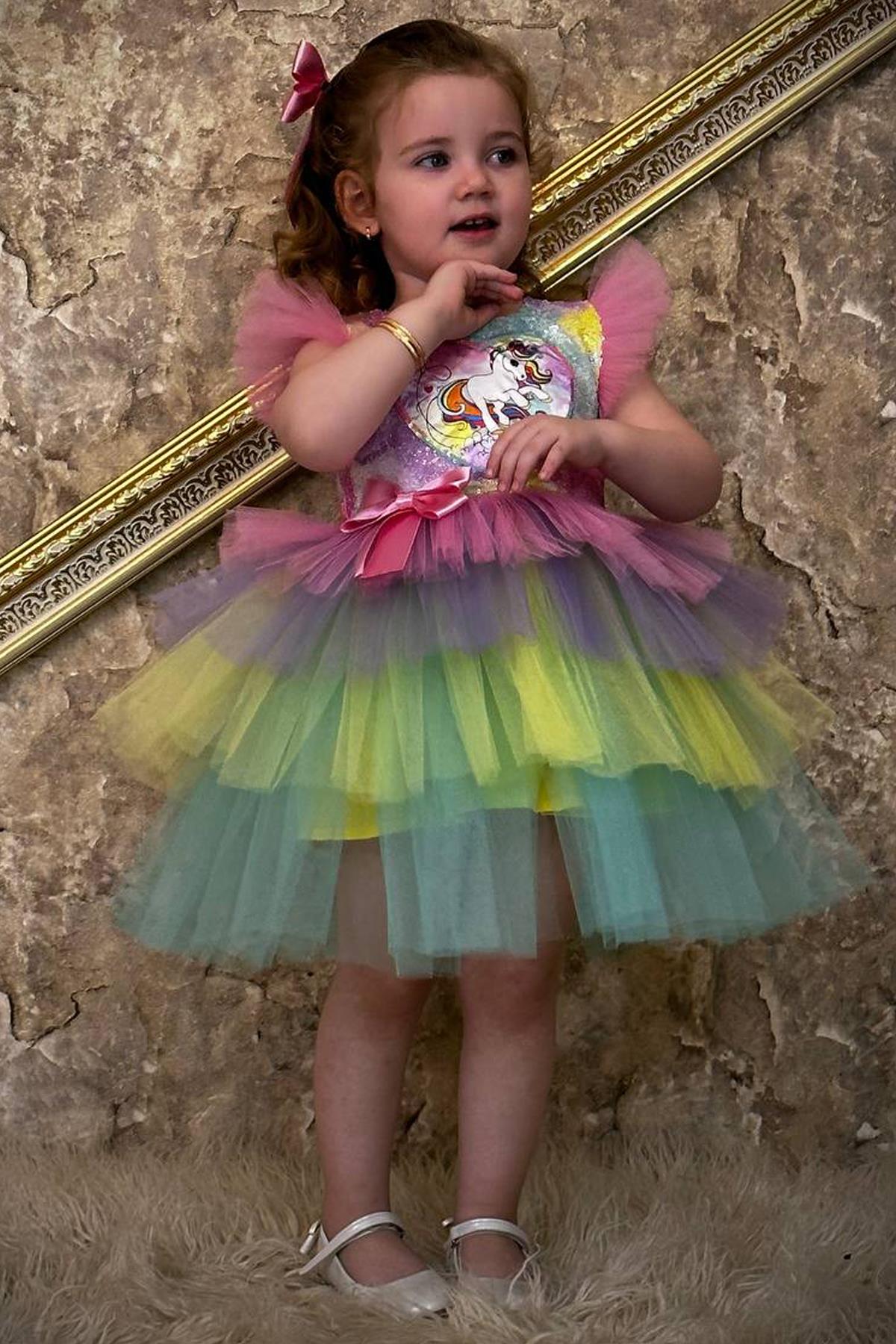 

Girl Kids Unicorn Printed Layered Tulle Puffy Pink Dress 2-5Years