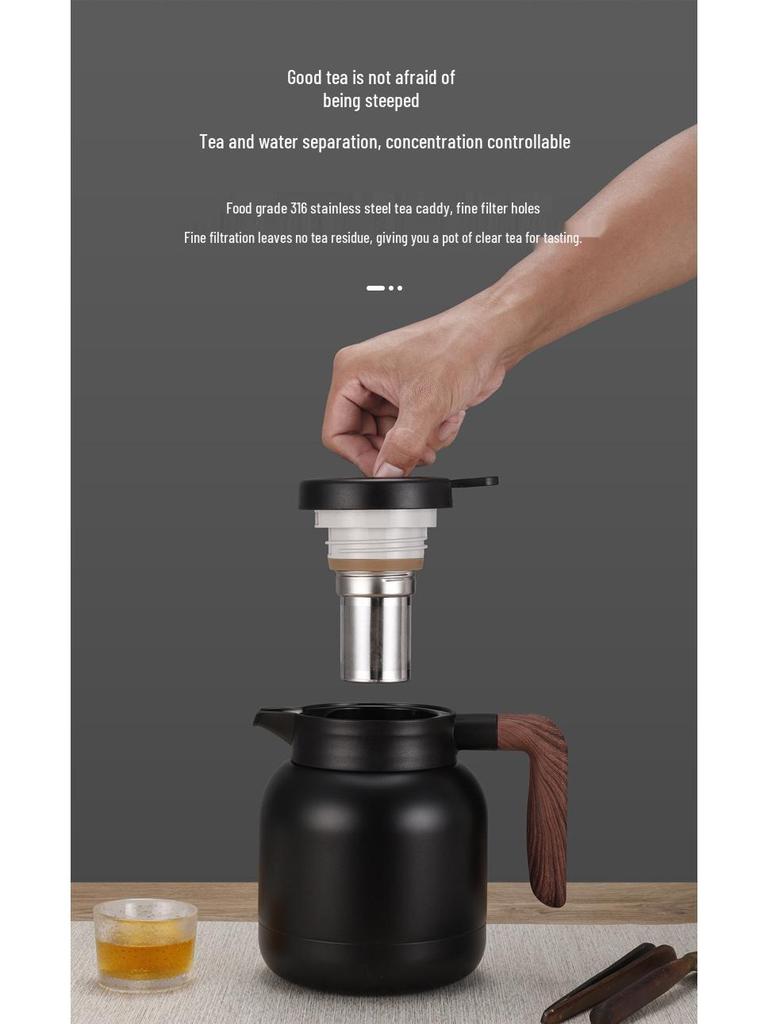 Large Capacity 304 Stainless Steel Insulated Teapot with Wood Grain Handle for Home and Office.