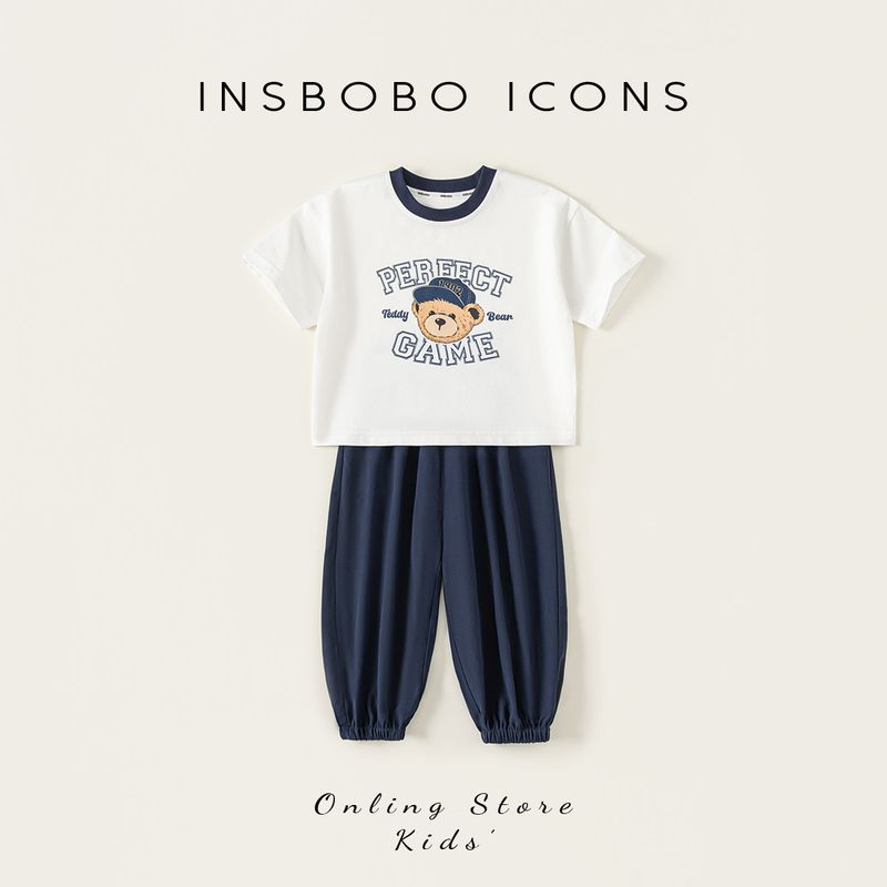 [Teddy Bear Series] Insbobo Boys  Suit Summer 2026 New Style Boys  Casual Summer Outfit Children s Clothing White 90