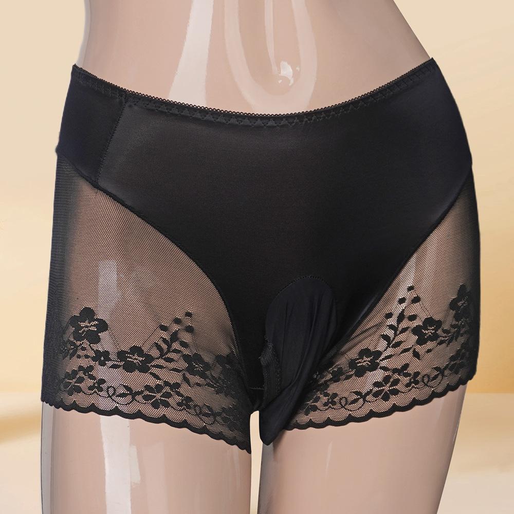 Sexy Satin Shiny Mesh Patchwork Panties Lace Boxer Exotic Crotch Style Underwear Sheer See Through Unisex Underpants