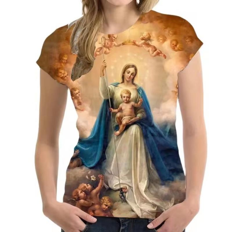 Camiseta unisex de alta calidad con estampado 3D de la Virgen María de Guadalupe, estilo católico, informal, de gran tamaño