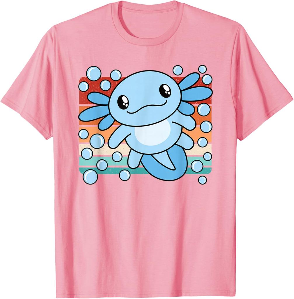 Niedlicher Axolotl Salamander Retro Sonnenuntergang Grafik T-Shirt Weiche Baumwolle Lässiges T-Shirt für Kinder