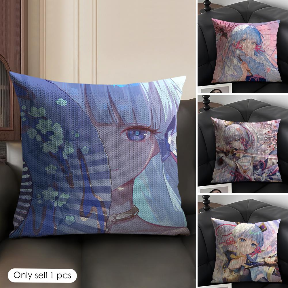 Kamizato Ayaka Genshin Impact Cushion Cover Natural Linen Organic Fabric DoubleSided Printing Sofa Home Decor Gift Pillow Case