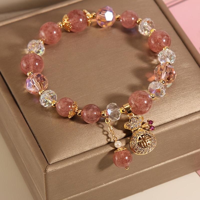 1 lucky bag pink strawberry stone bracelet with heart-shaped pendant and golden beads - shiny embellishments, adjustable elastic strap, playful design