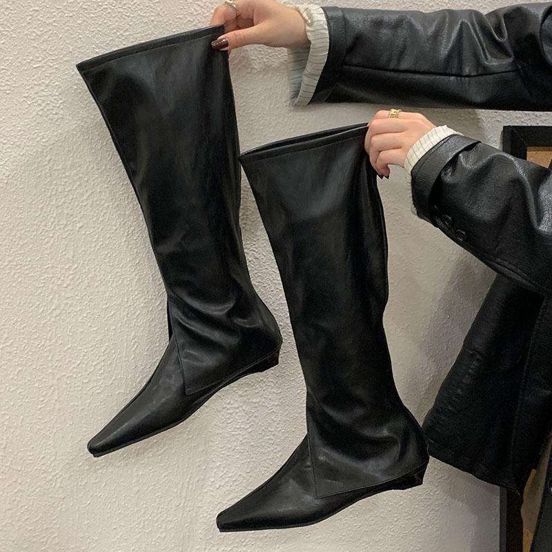

Мода Новая Мода Острый Носок Женские Сапоги До Колена На Низком Каблуке Обувь Женские Молнии Обувь Западные Женские Длинные Ботильоны Обувь 35 чёрный