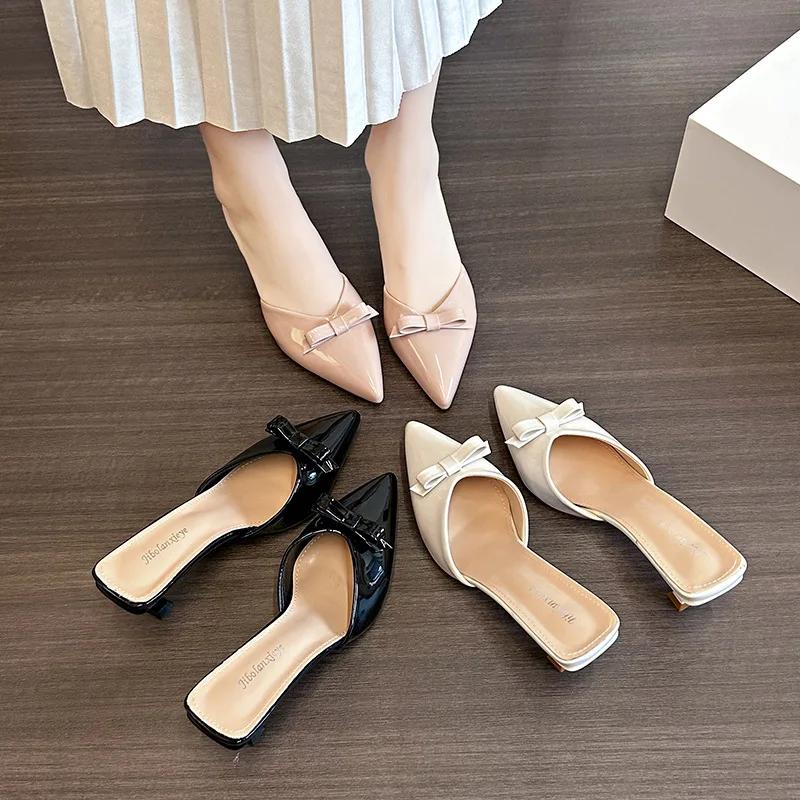 Elegant Pointed Toe French Style High Heel Slippers for Women Outdoor Wear Butterfly Knot Thin Heel Half Slippers Rubber Sole