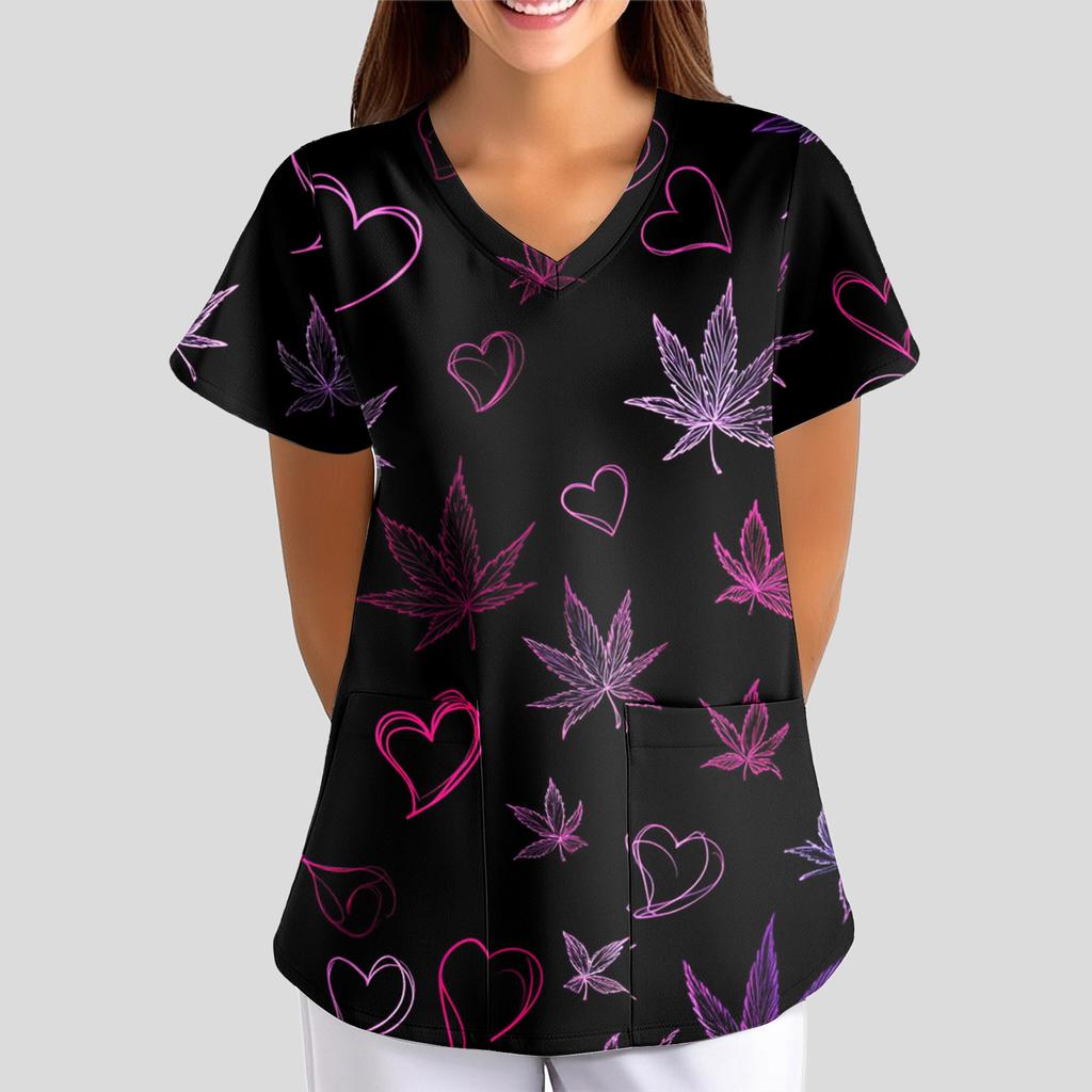 Women's Cartoon Cute Print Loose V-Neck Pocket Short-Sleeve  Uniform