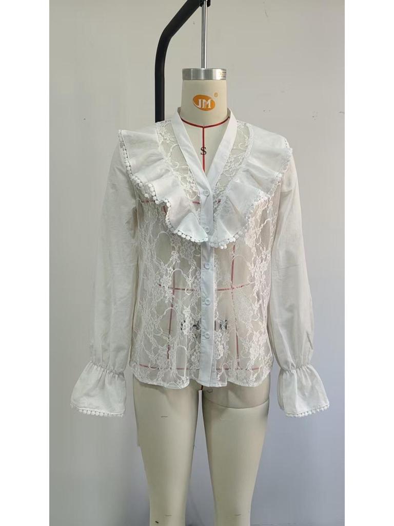 European & American Romantic Lace Patchwork Ruffle Puff Sleeve Top