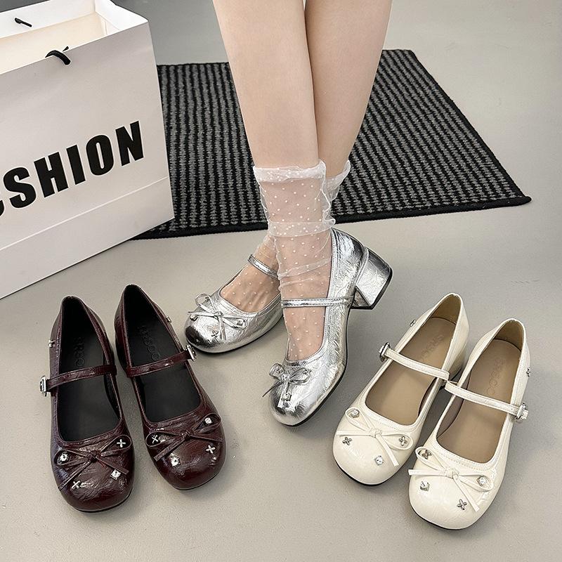 New silver little Mary Jane single shoes with skirt light mouth round head bow ballet French thick heel women's shoes