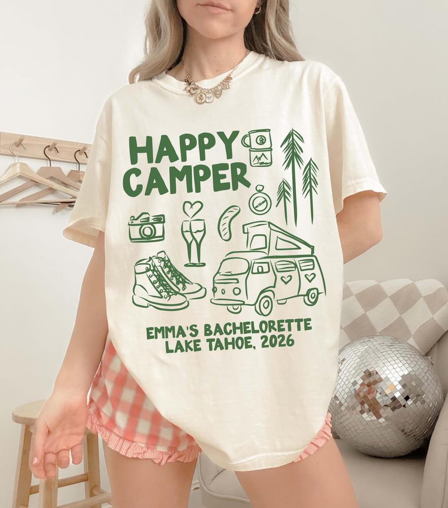 Happy Camper Bachelorette Shirt, Camp Bach Shirt, Cabin Bachelorette Shirt, Lake Bach Weekend Shirt, Camping Bride Squad Shirt, Custom Bach