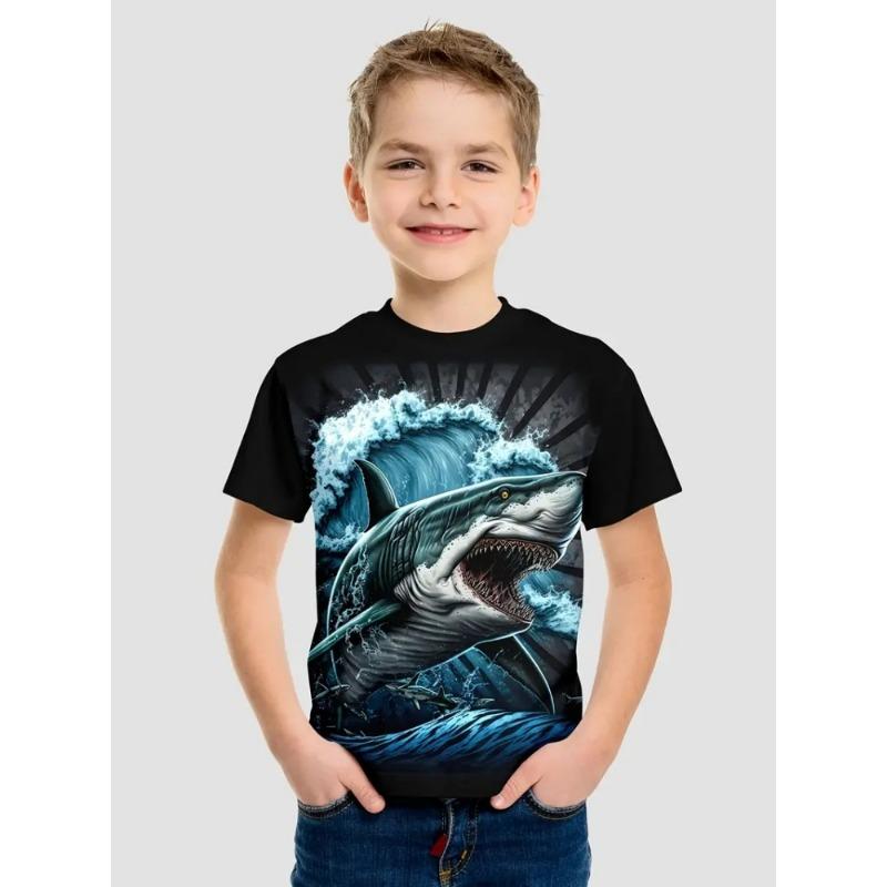Summer Boys Clothes Breathable Elastic Comfortable Children's T-Shirt Cartoon Shark Casual Cool Summer O-Neck T-Shirt for Boys
