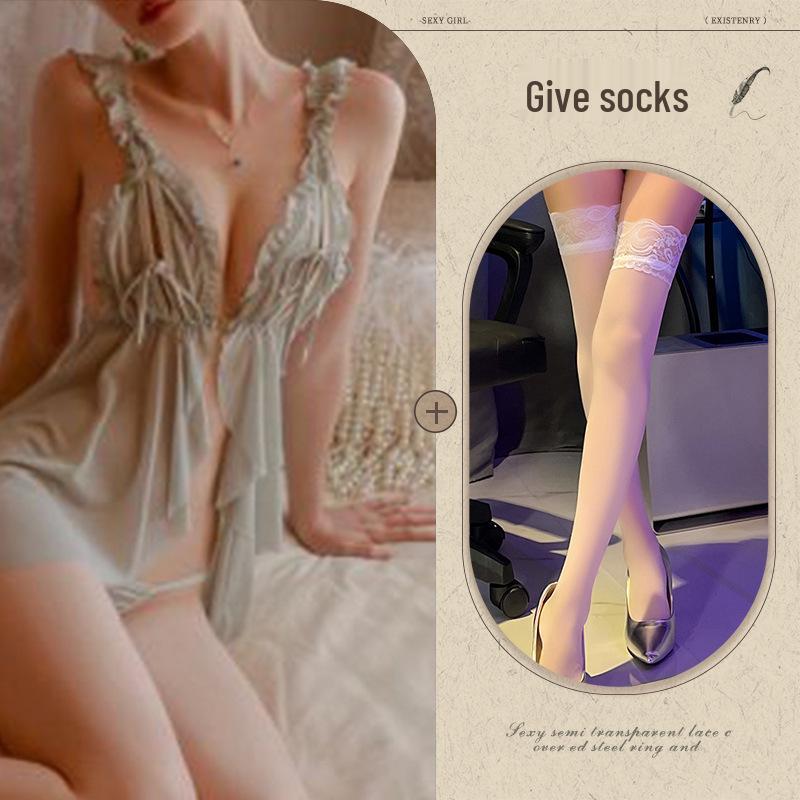 Temptation See-Through Hollow Out Chest Slit Sexy Sleepwear Lingerie Nightgown 814