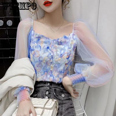 Chiffon Kant Shirt Dames Blouse Gekleurd Bloemenpatroon Lange Mouw Vierkante Hals Cropped Top Zoet Fee Elastische Manchetten Zomer