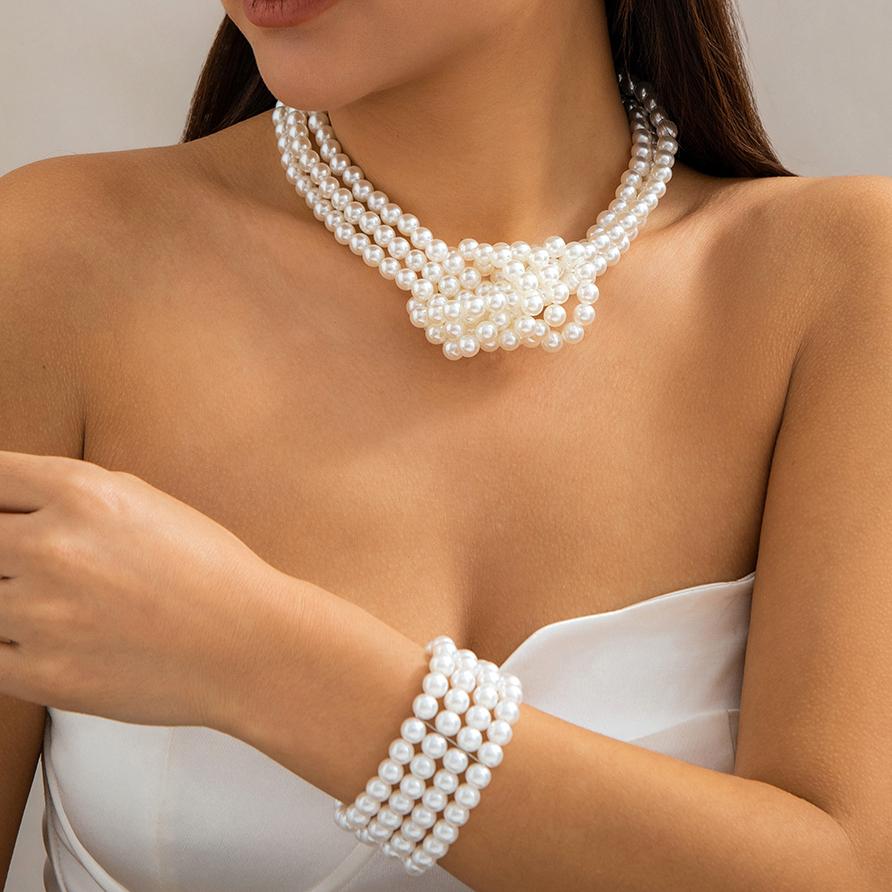 

2Pcs Multilayer White Imitation Pearl Knotted Chain Necklace Women Korean Fashion Charm Bracelet Aesthetic Y2K Wed Jewelry Set