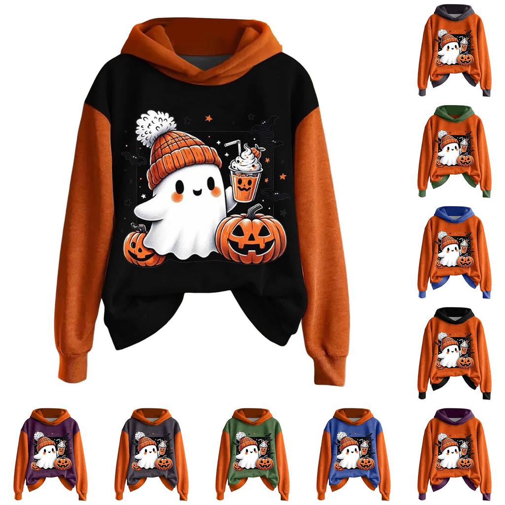 Ladies' Casual And Fashionable Halloween Printed Long Sleeved Hooded Warm Shirt Loose And Comfortable Hoodie