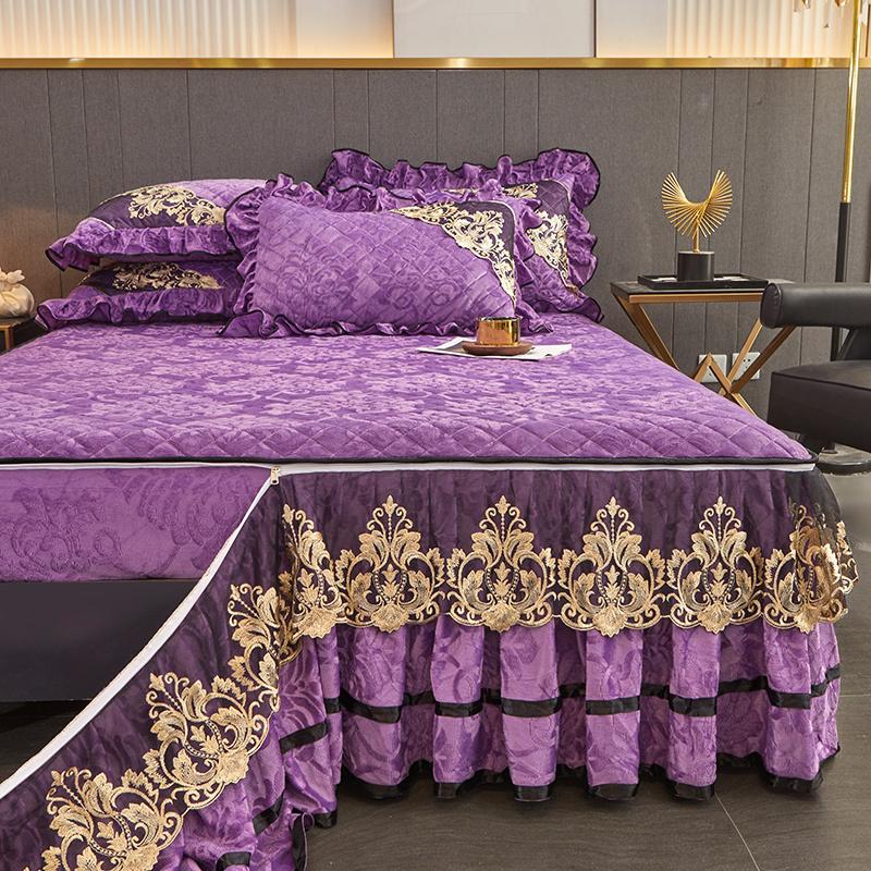 Thickened quilted bed skirt and fitted sheet two-in-one new style removable and washable winter velvet bedspread non-slip mattress protector