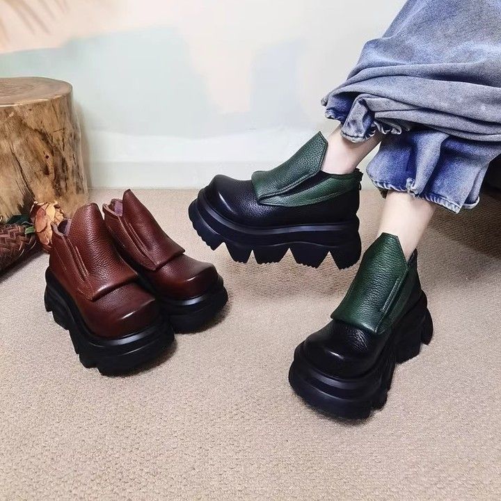 Grube, retro, jesienno-zimowe, ręcznie robione damskie buty na grubej podeszwie, lekkie, luksusowe, zapinane na suwak, super duże, dopasowane kolorystycznie, aksamitne, krótkie buty na koturnie