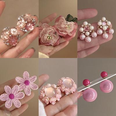 Silver Needle Inlaid Diamond Pink Flower Earrings - Mori Style Gentle Sweet Design for Women