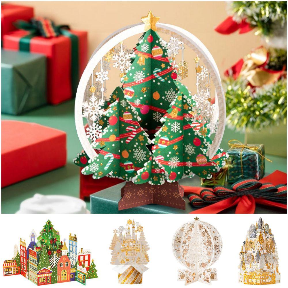 Paper Christmas 3D Greeting Card Gold Plated Craft Merry Christmas Blessing Cards Ornaments with Envelope Paper Carving Postcard